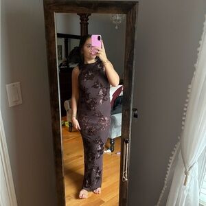 Brown flower detail maxi dress